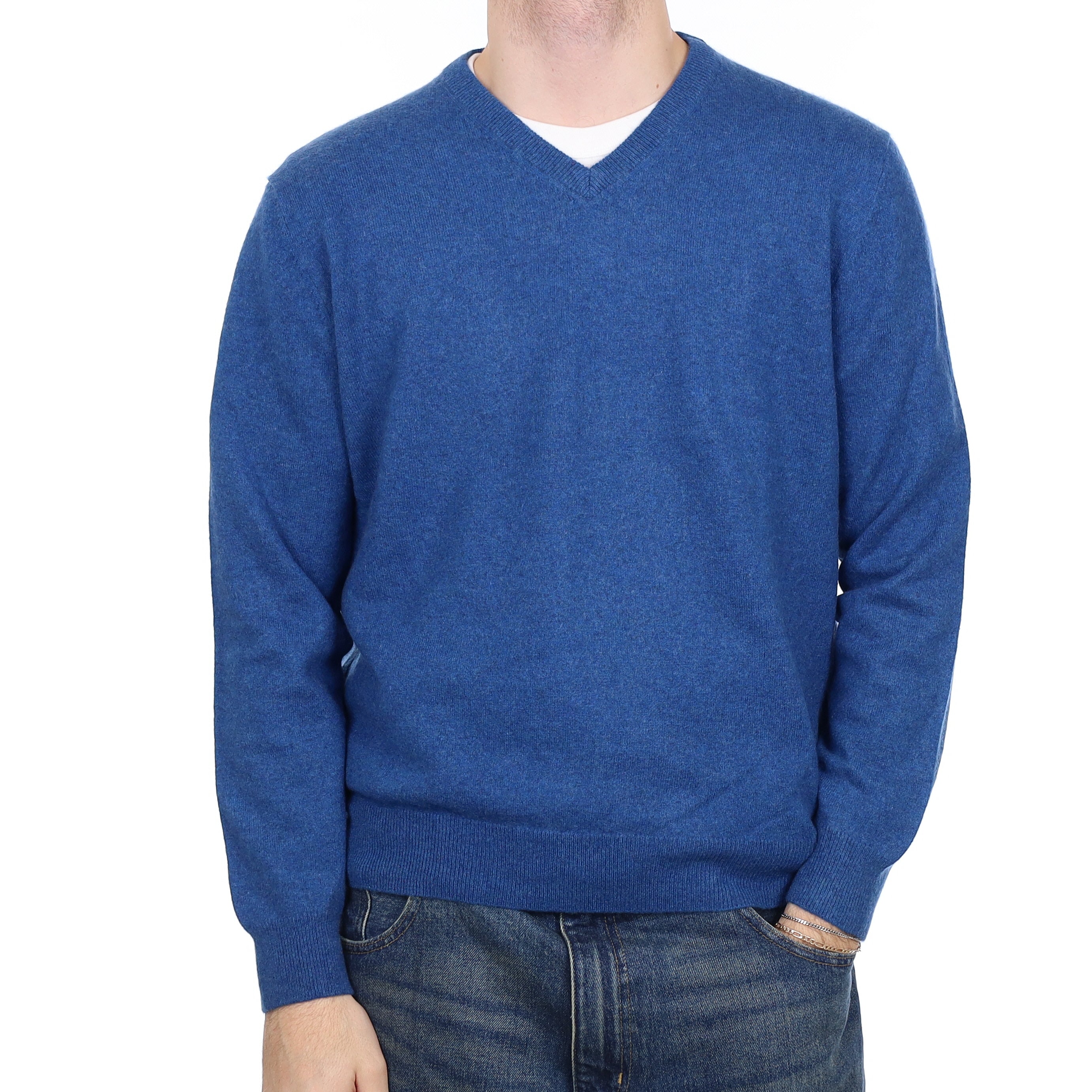 Men's Ocean Blue Cashmere V Neck Jumper Large