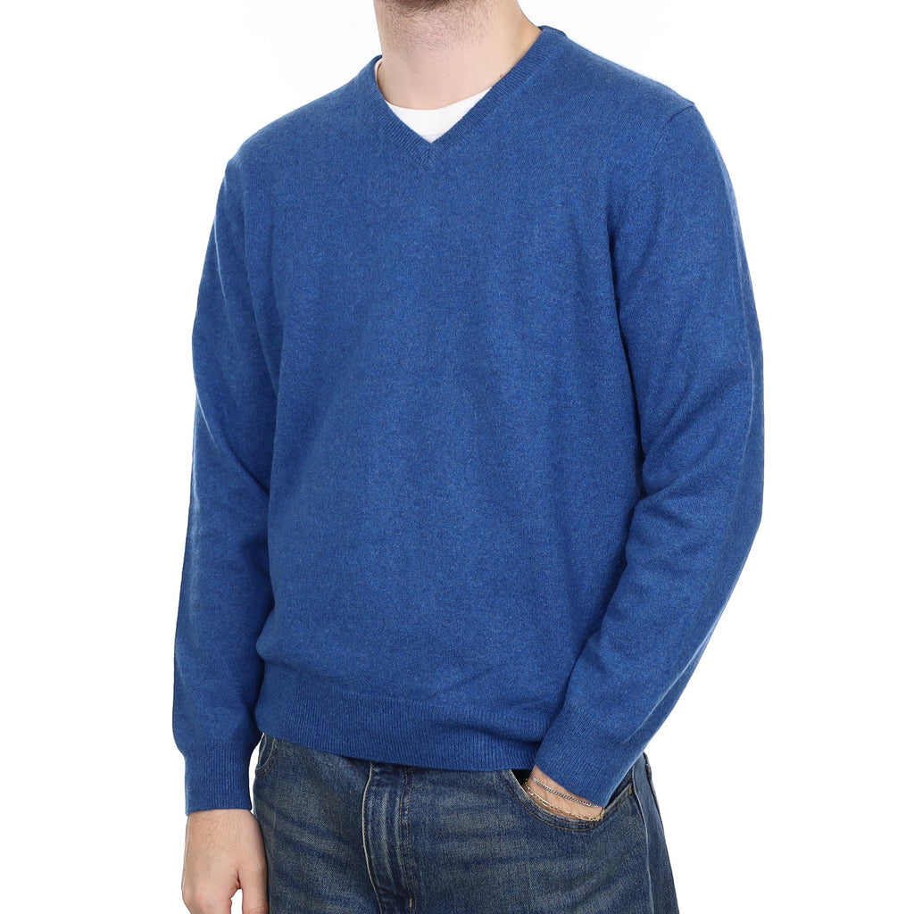 Men's Ocean Blue Cashmere V Neck Jumper Large
