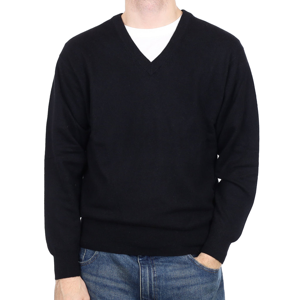 Men's Black Cashmere V Neck Jumper Large