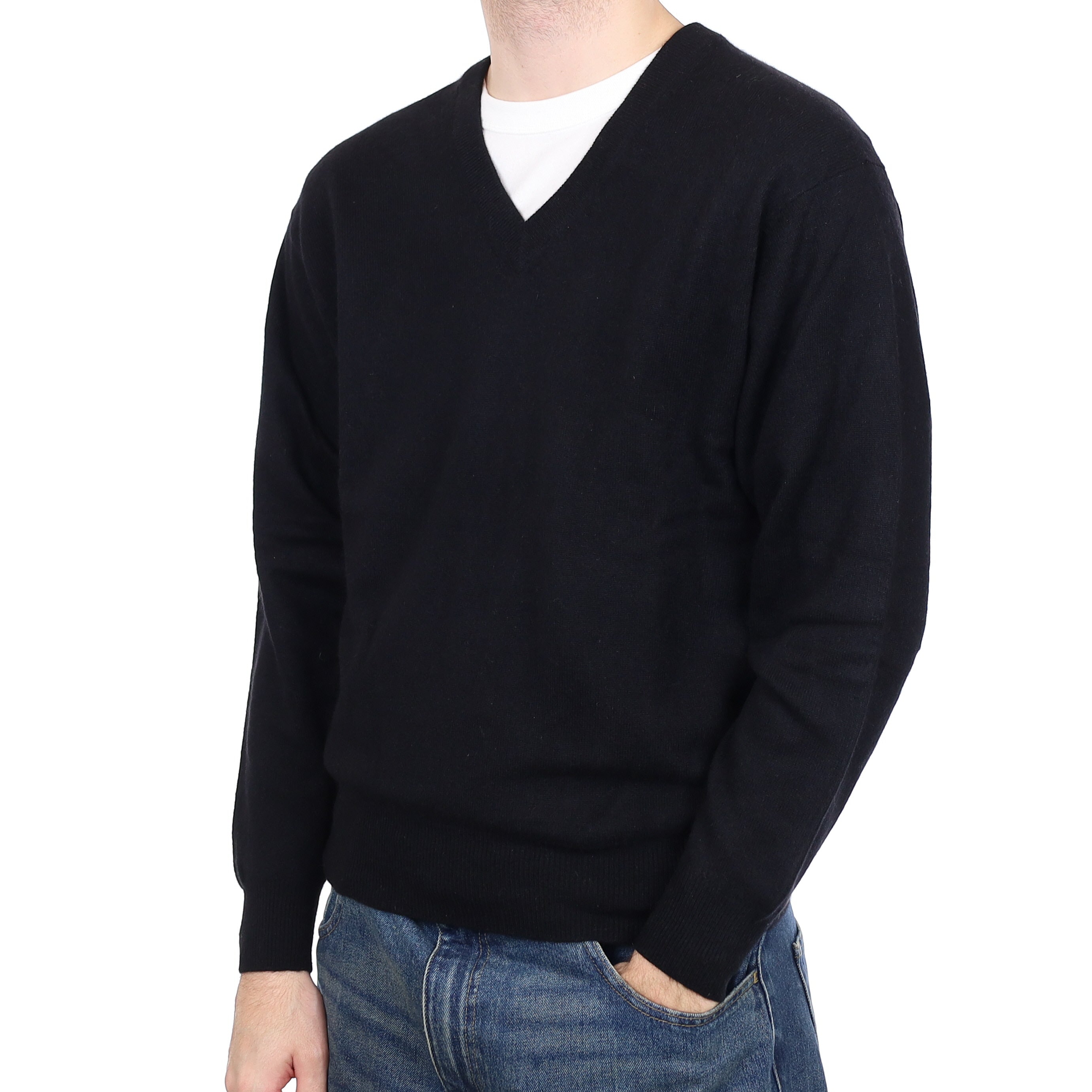 Men's Black Cashmere V Neck Jumper Large