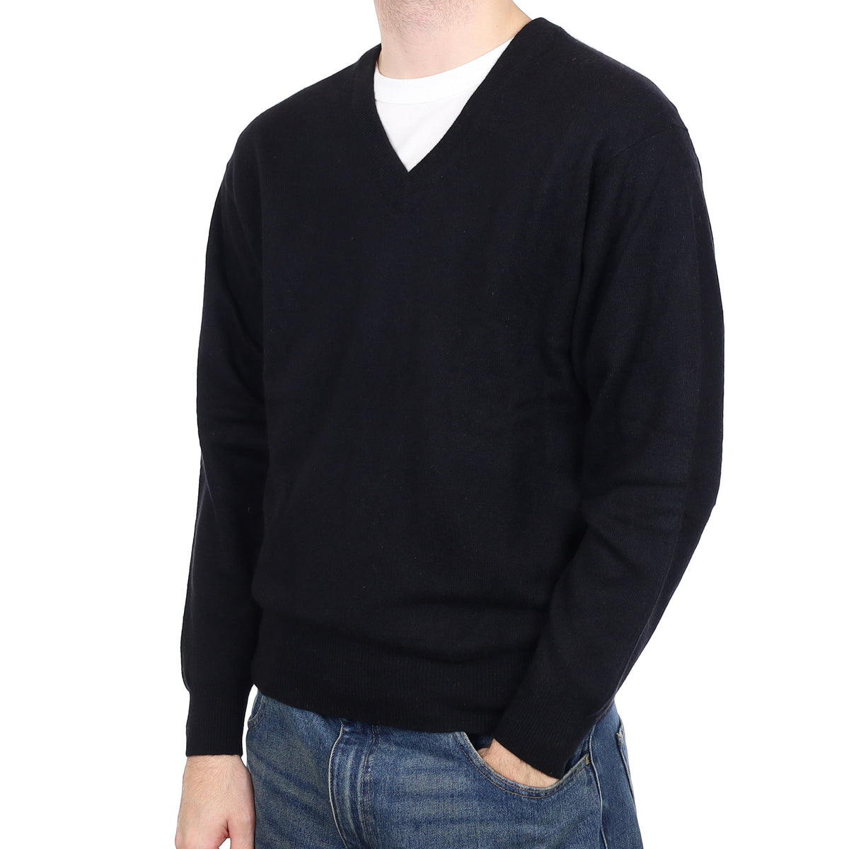 Men's Black Cashmere V Neck Jumper Large