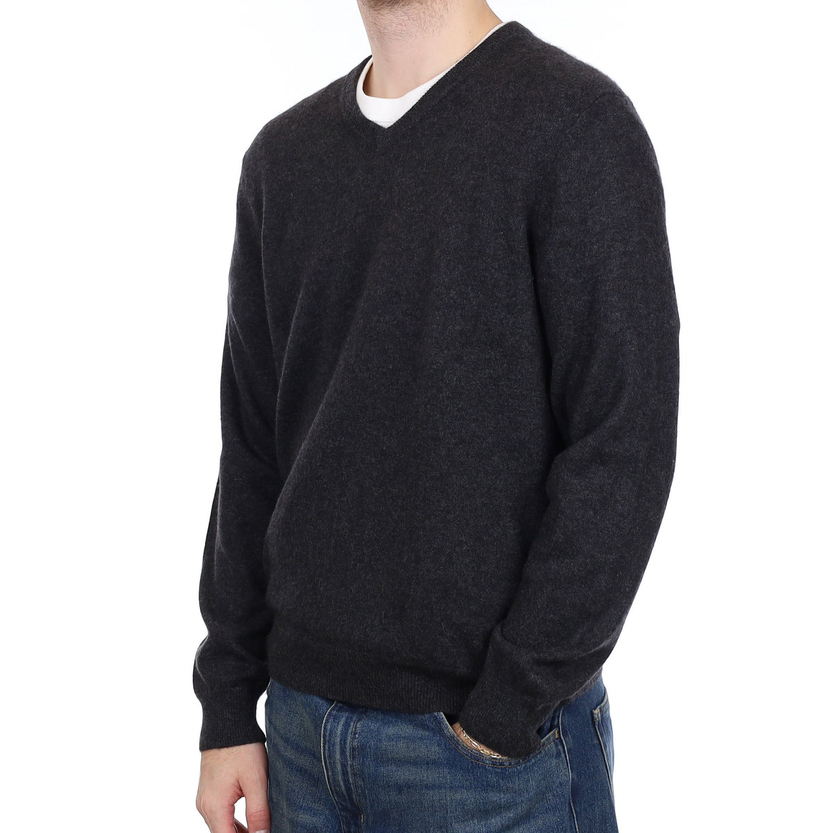 Men's Granite Grey Cashmere V Neck Jumper Large