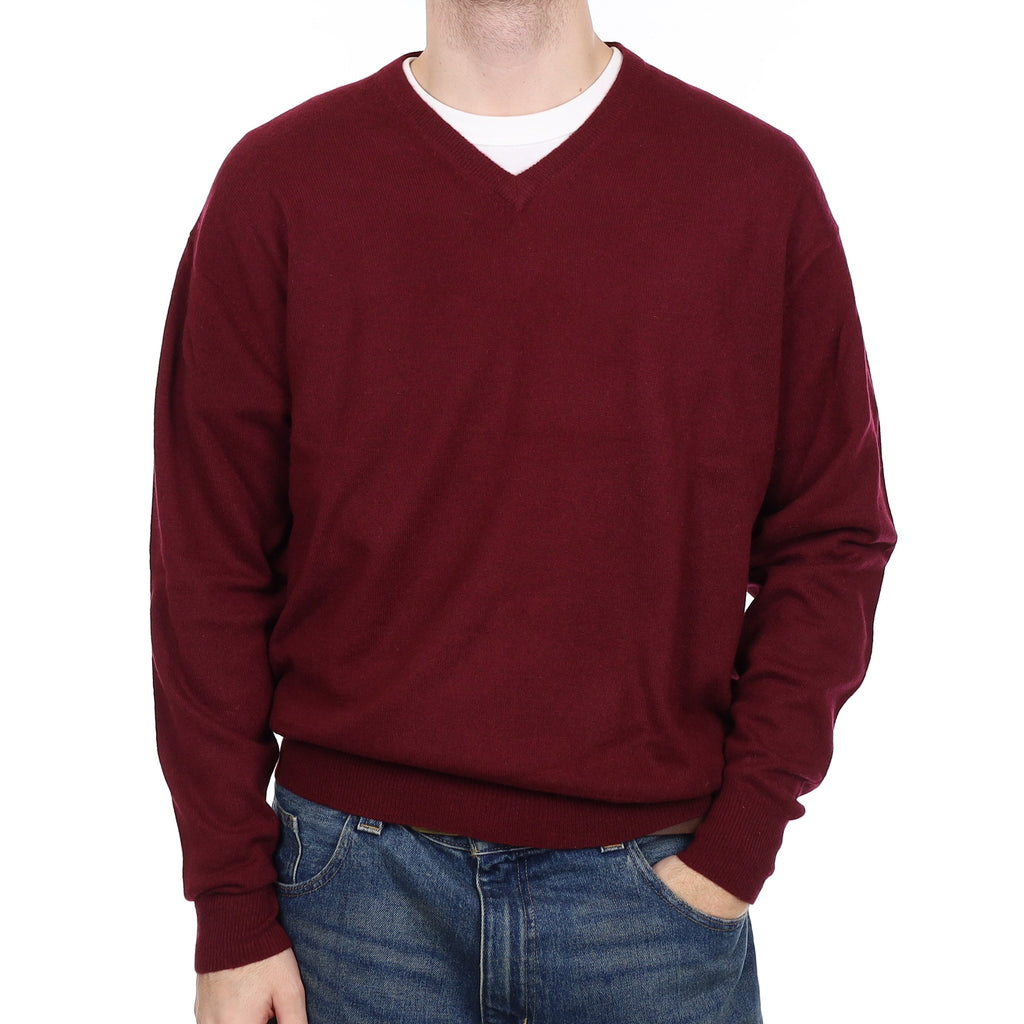 Men's Wine Red Cashmere V Neck Jumper Large