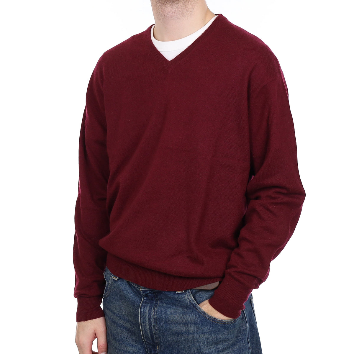 Men's Wine Red Cashmere V Neck Jumper Large