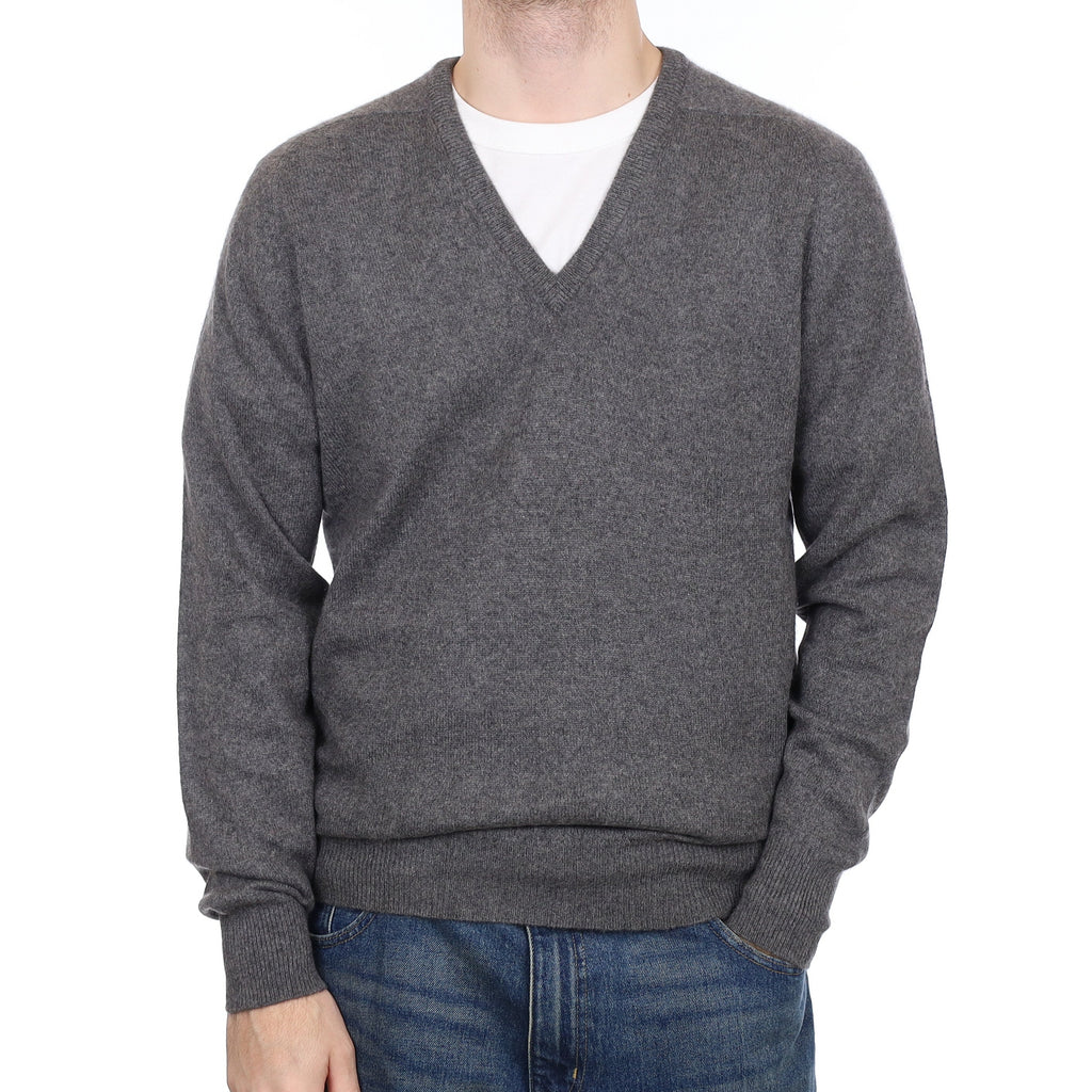 Men's English Slate Grey Cashmere V Neck Jumper Large
