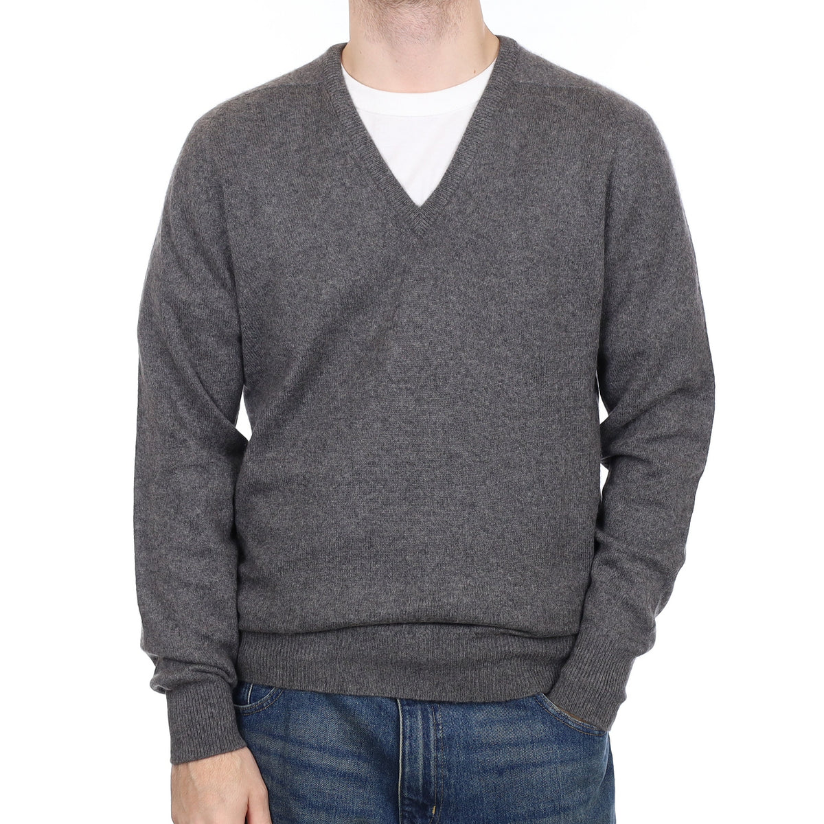 Men's English Slate Grey Cashmere V Neck Jumper Large