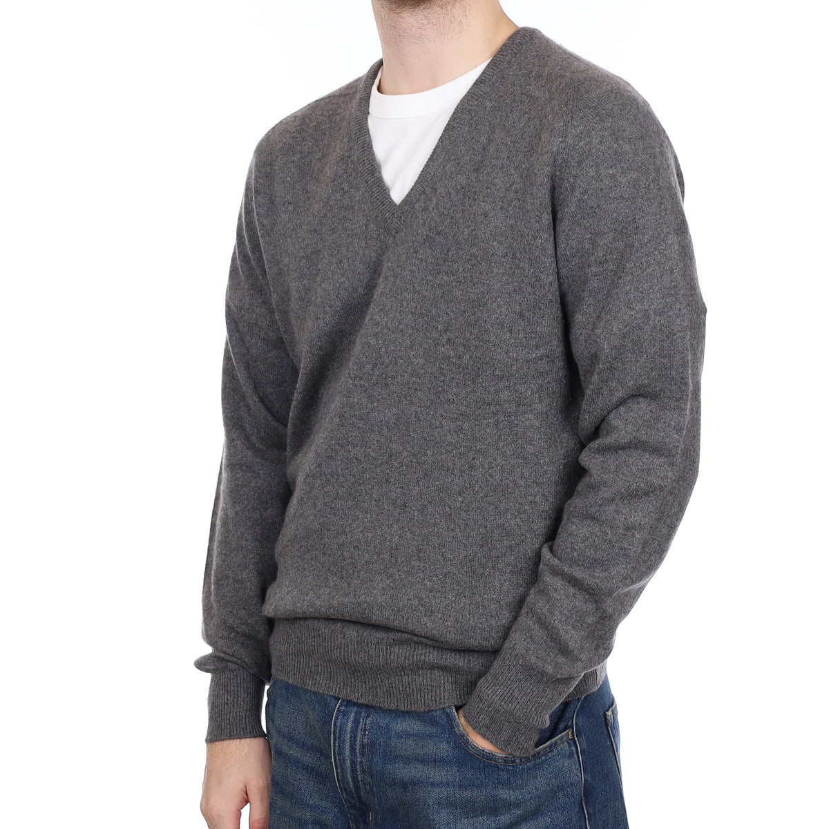 Men's English Slate Grey Cashmere V Neck Jumper Large