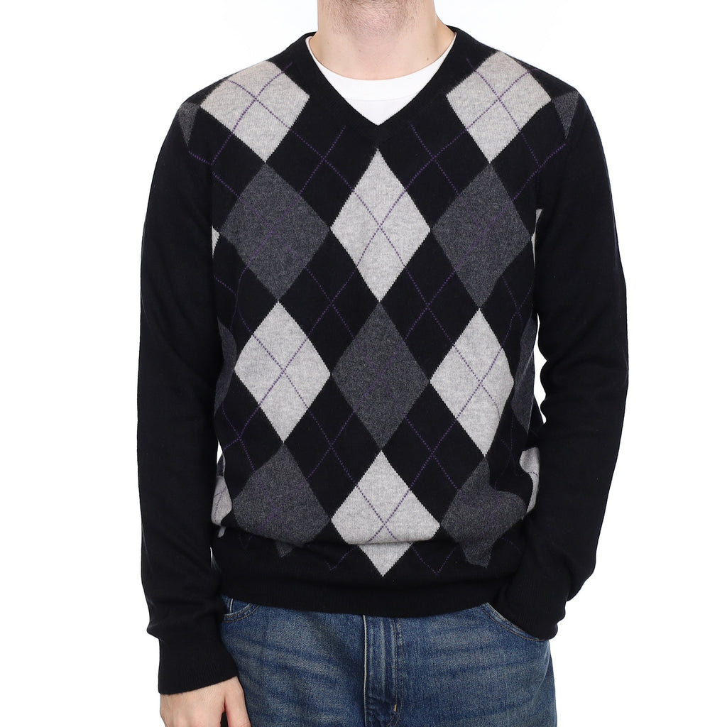 Men's Black and Grey Argyle Cashmere V Neck Jumper Large