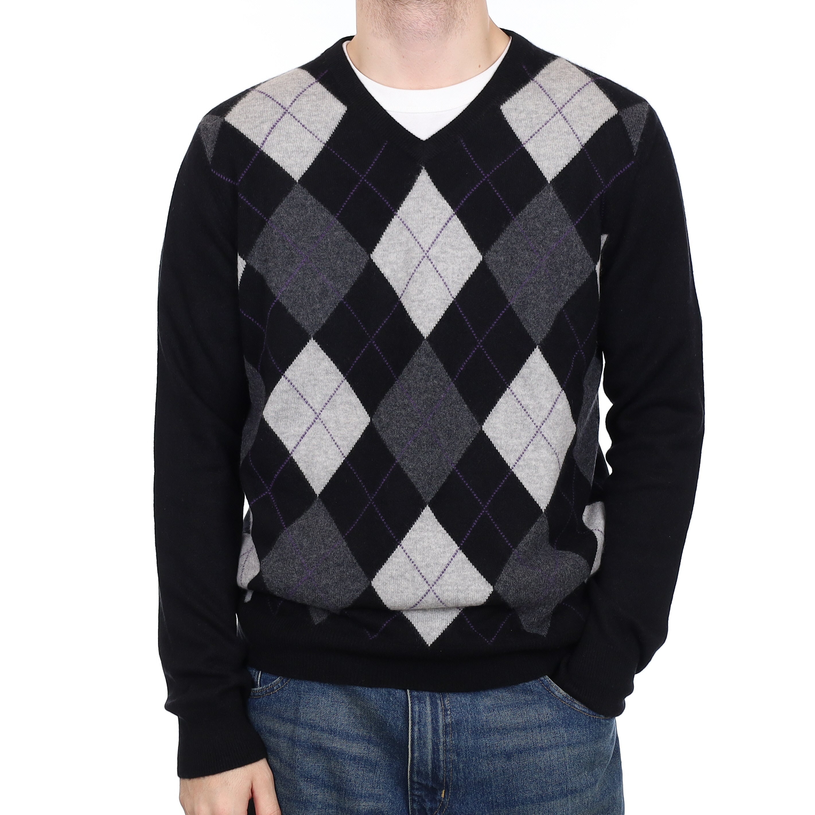 Men's Black and Grey Argyle Cashmere V Neck Jumper Large