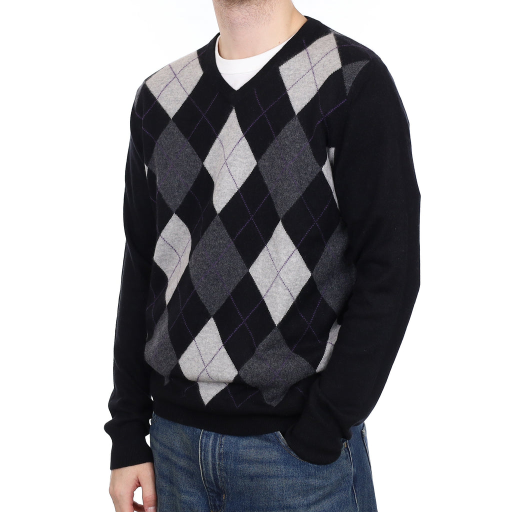 Men's Black and Grey Argyle Cashmere V Neck Jumper Large