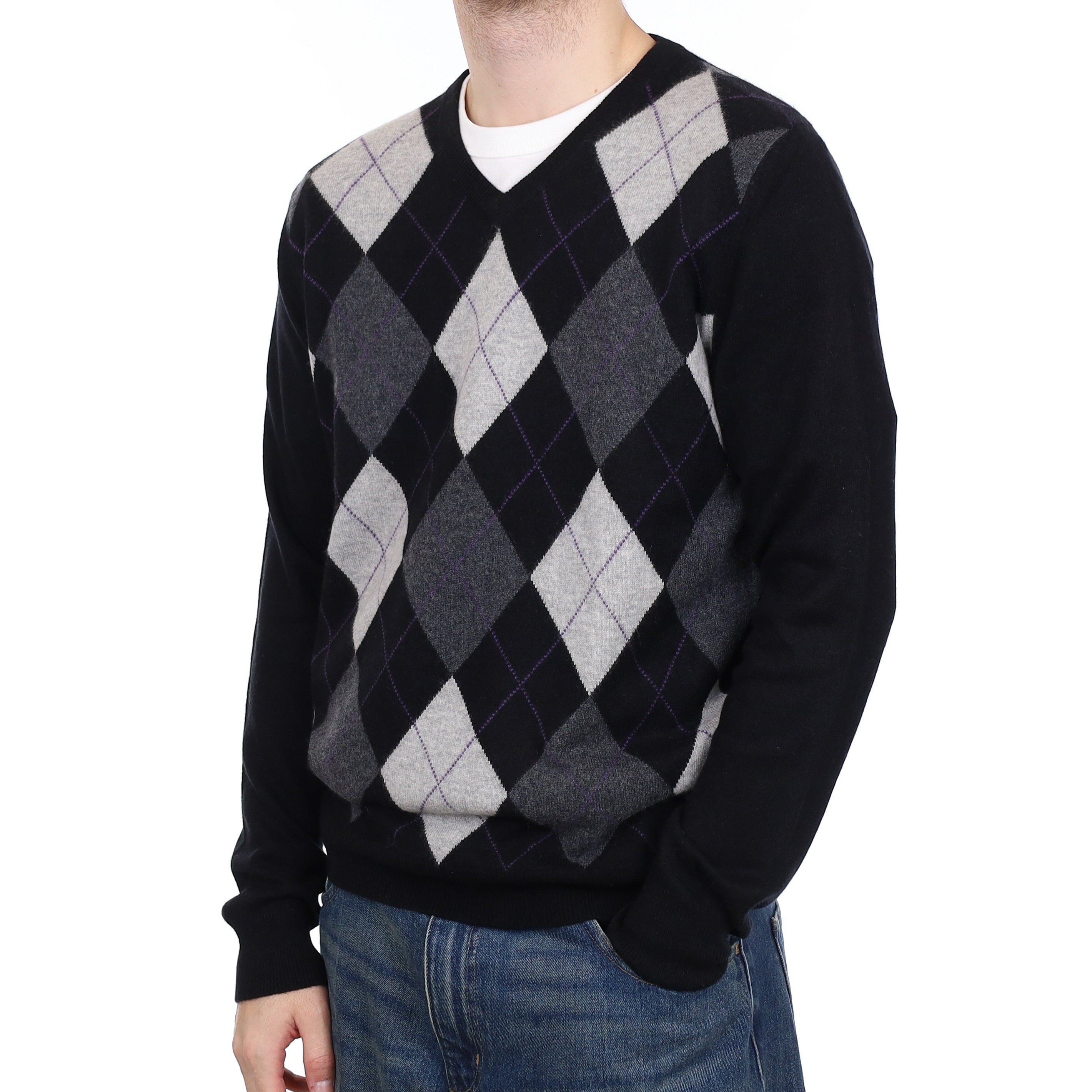 Men's Black and Grey Argyle Cashmere V Neck Jumper Large