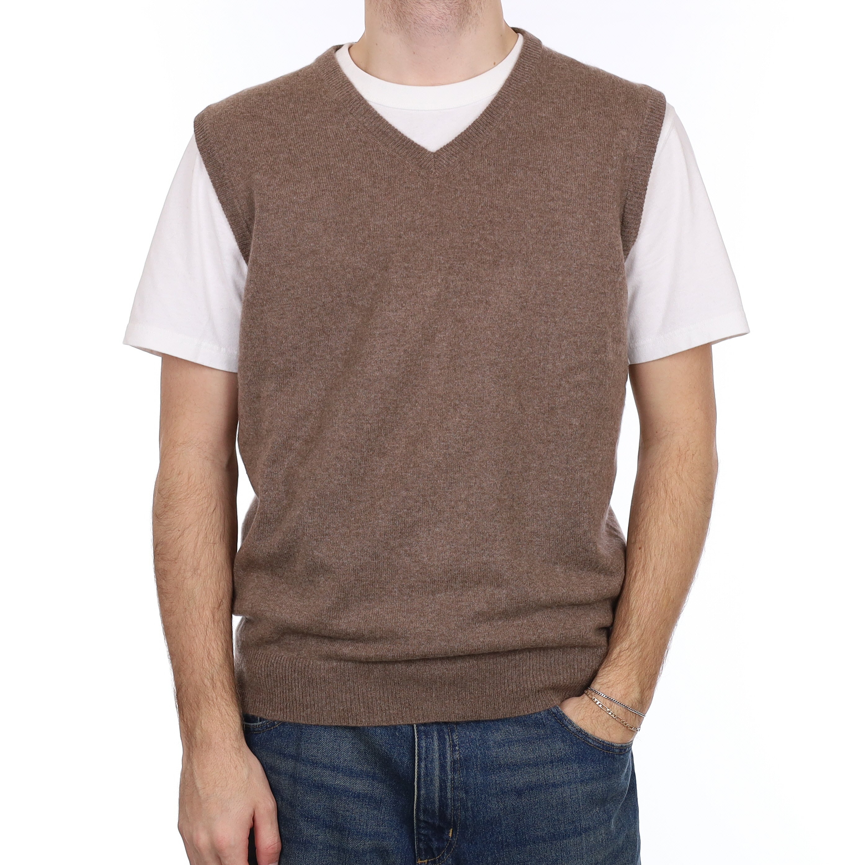 Men's Taupe Brown Cashmere V Neck Tank Top Large