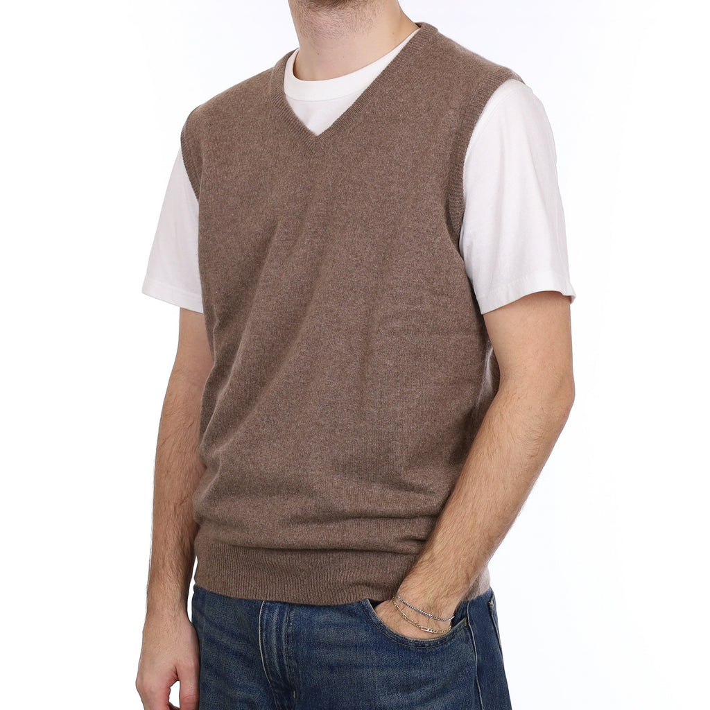 Men's Taupe Brown Cashmere V Neck Tank Top Large