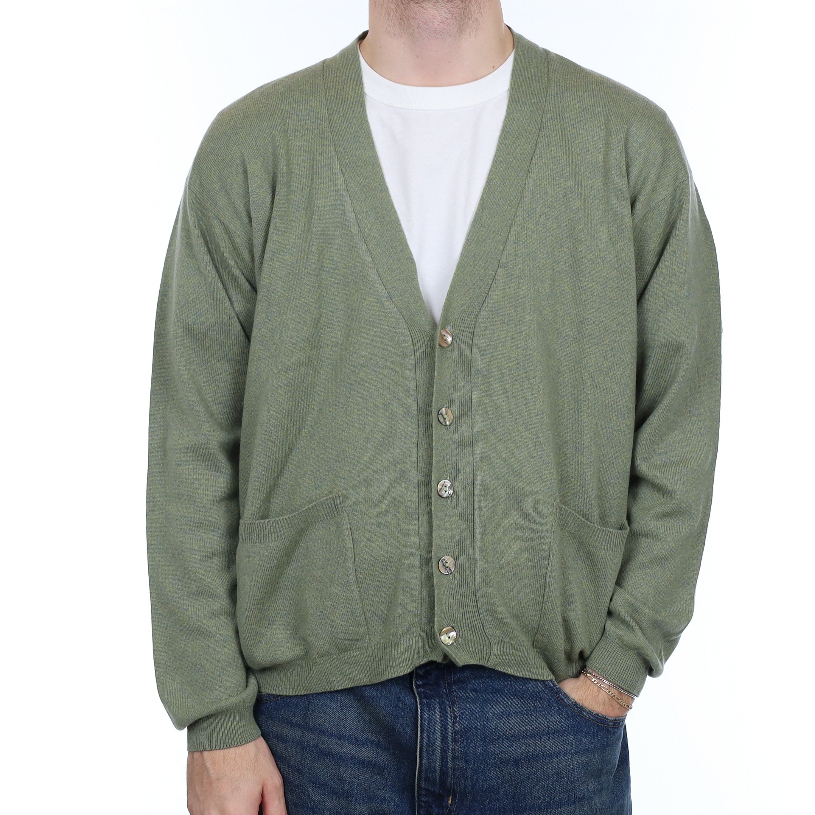 Men's Sea Foam Green Marl Cashmere V Neck Cardigan Large