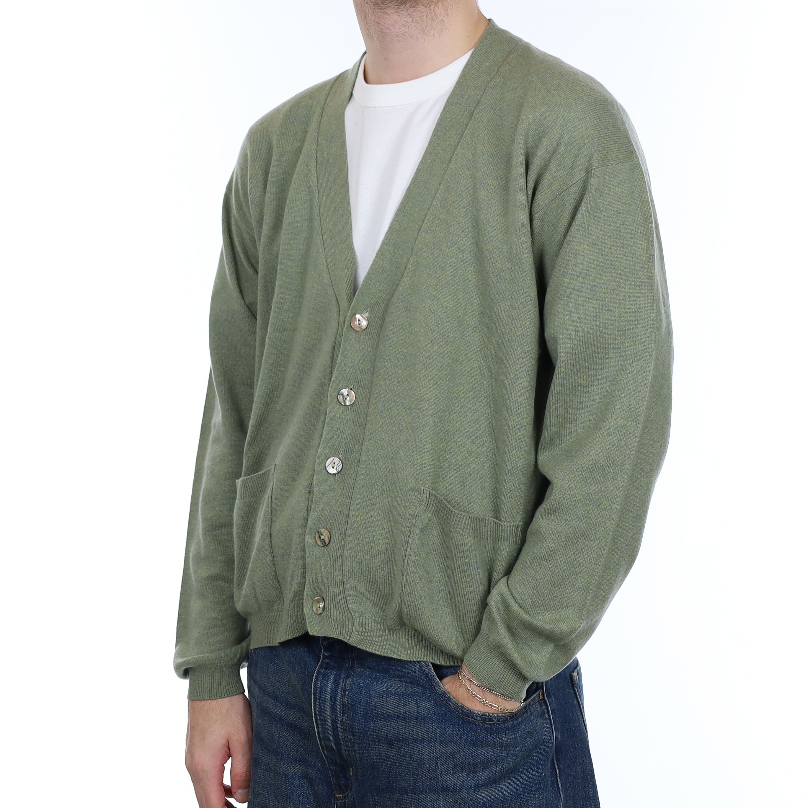 Men's Sea Foam Green Marl Cashmere V Neck Cardigan Large