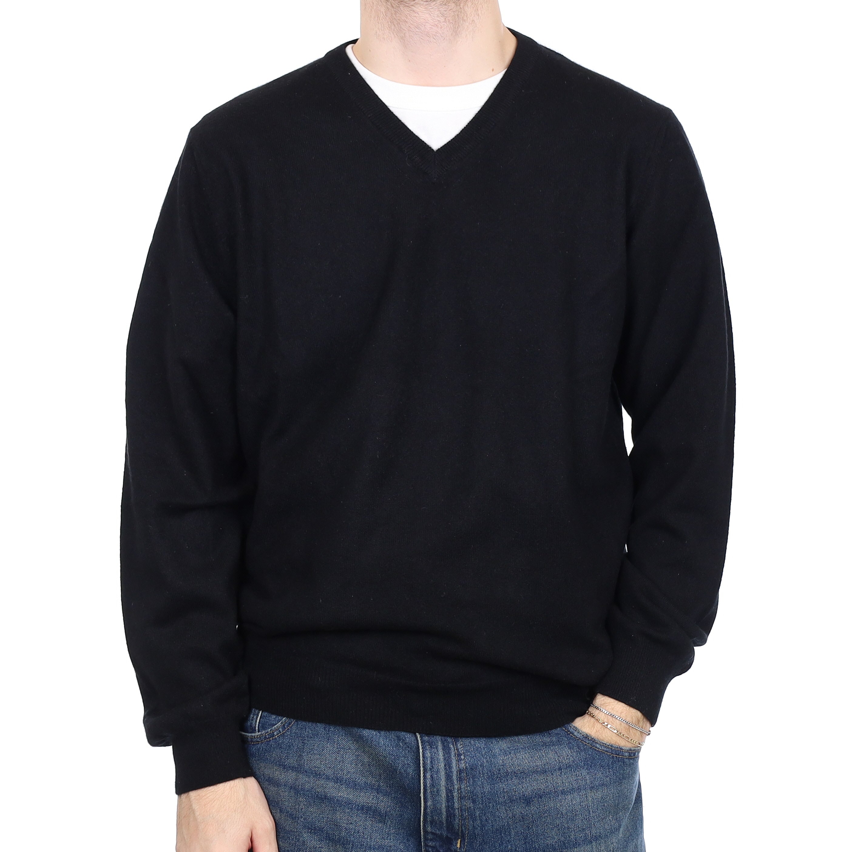Men's Black Cashmere V Neck Jumper Large