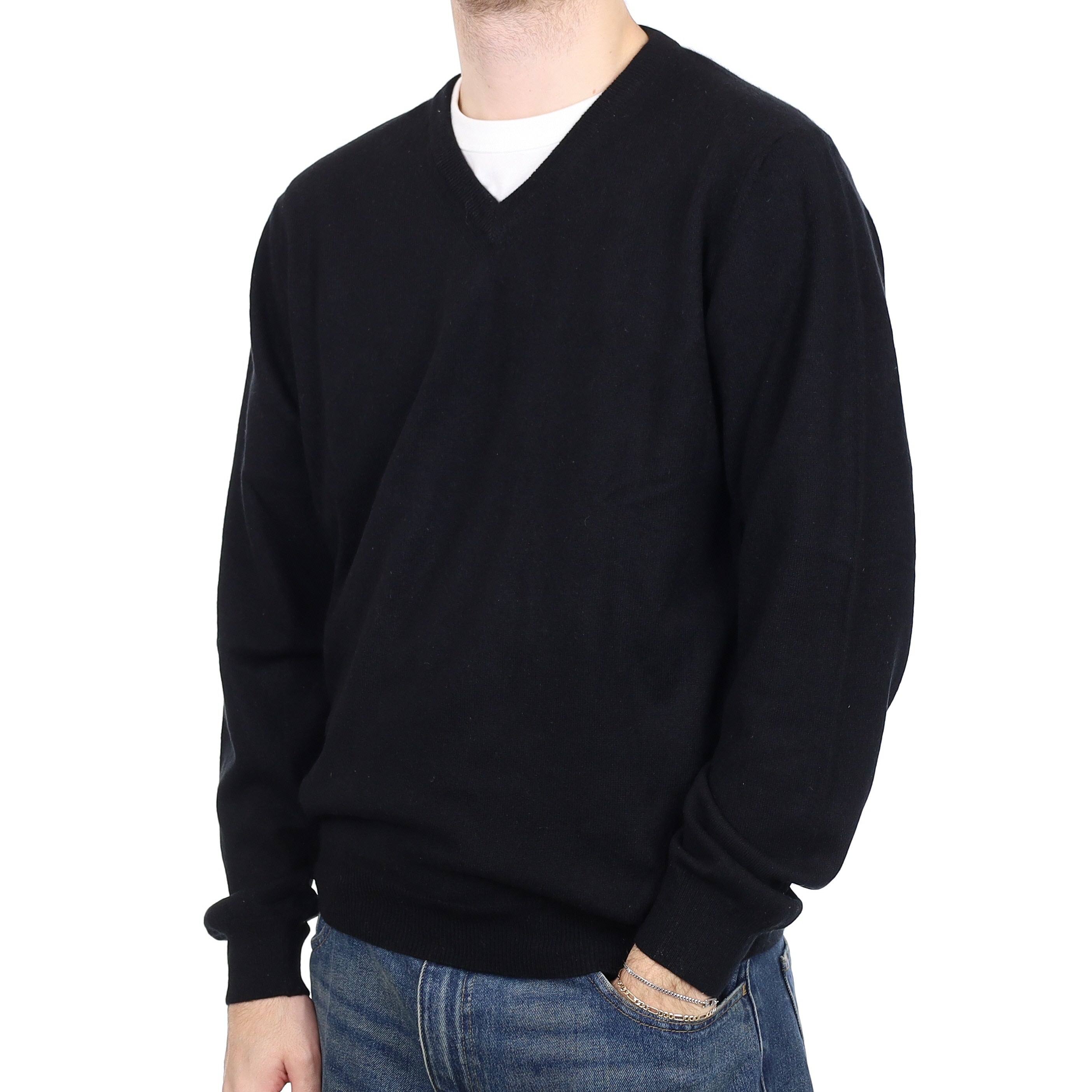 Men's Black Cashmere V Neck Jumper Large
