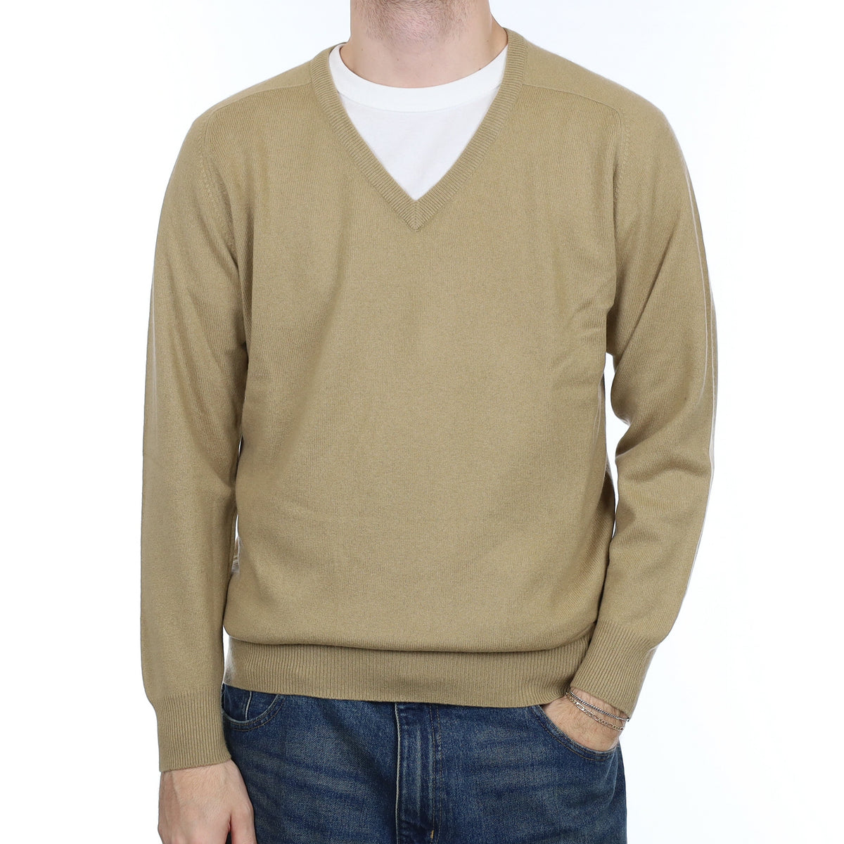 Men's Vintage Camel Brown Cashmere V Neck Jumper Large
