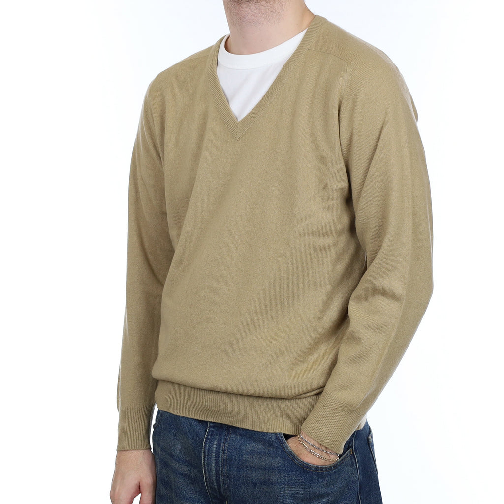 Men's Vintage Camel Brown Cashmere V Neck Jumper Large
