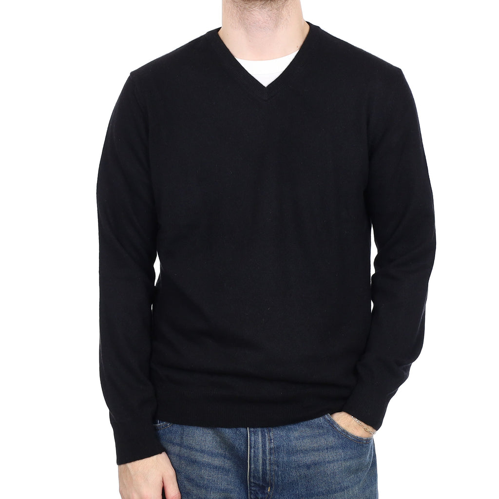 Men's Italian Black Cashmere V Neck Jumper Large