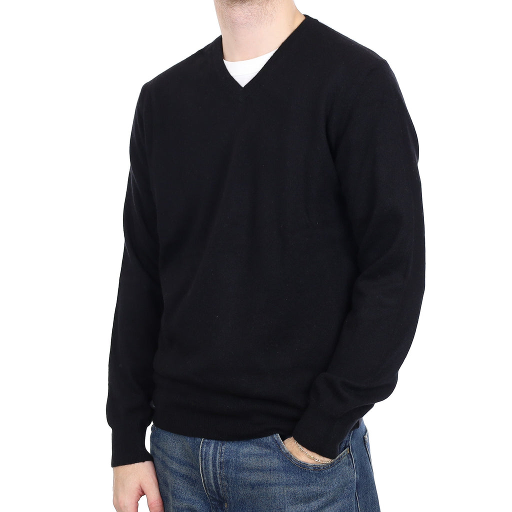 Men's Italian Black Cashmere V Neck Jumper Large