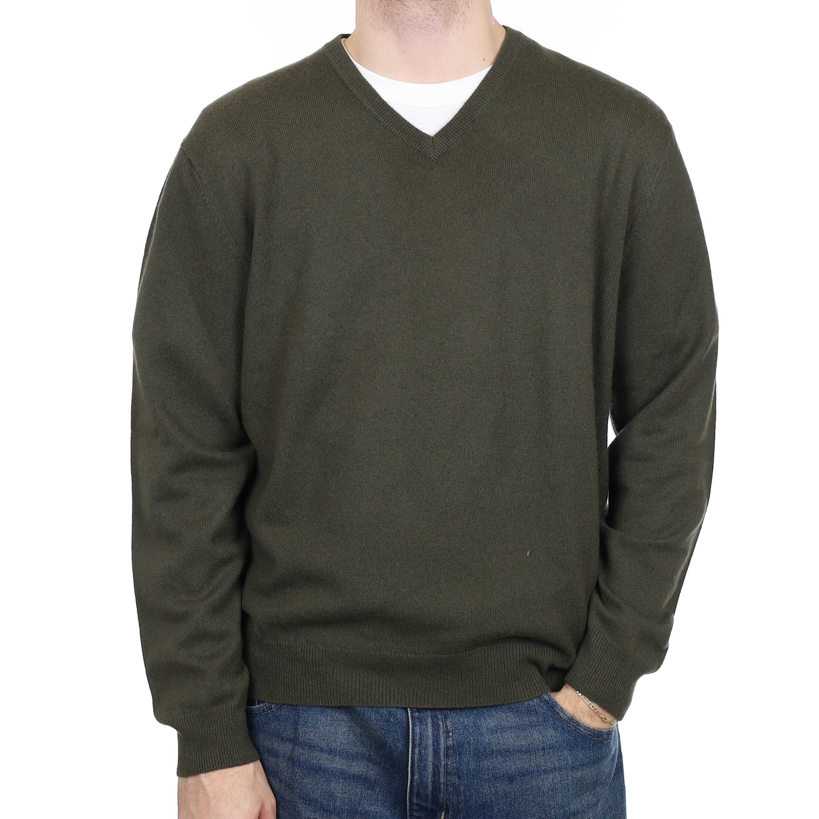Men's Country Green Cashmere V Neck Jumper Large