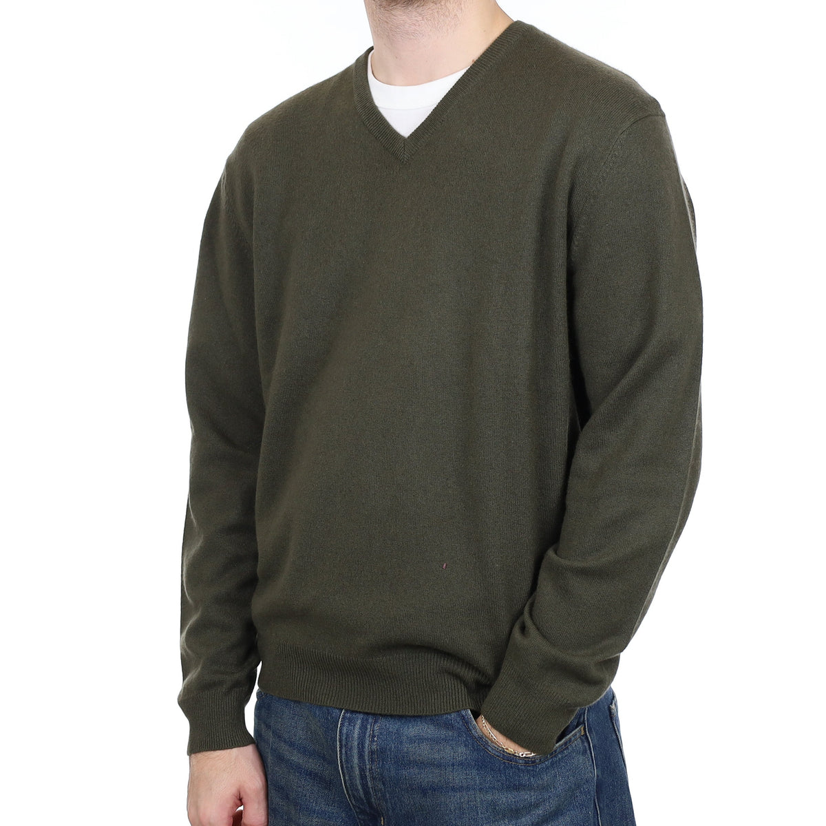 Men's Country Green Cashmere V Neck Jumper Large