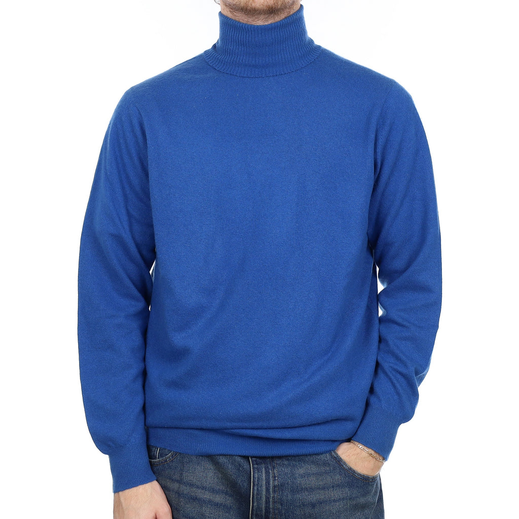 Men's Scottish Tanzanite Blue Cashmere Polo Neck Jumper Large Tall