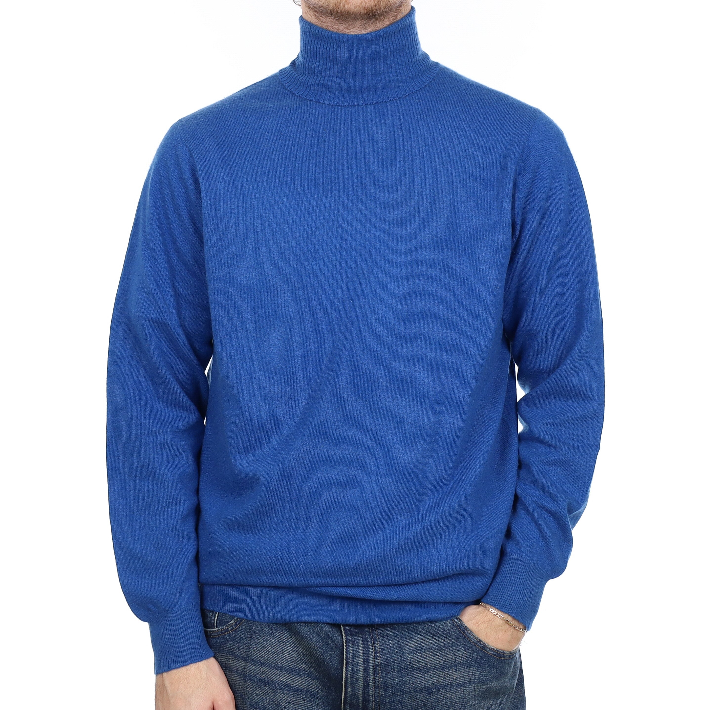 Men's Scottish Tanzanite Blue Cashmere Polo Neck Jumper Large Tall