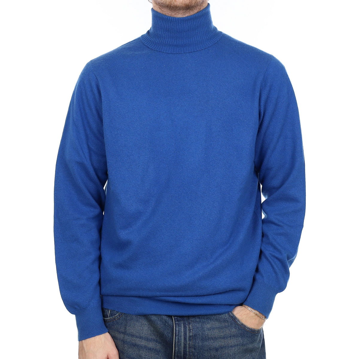 Men's Scottish Tanzanite Blue Cashmere Polo Neck Jumper Large Tall
