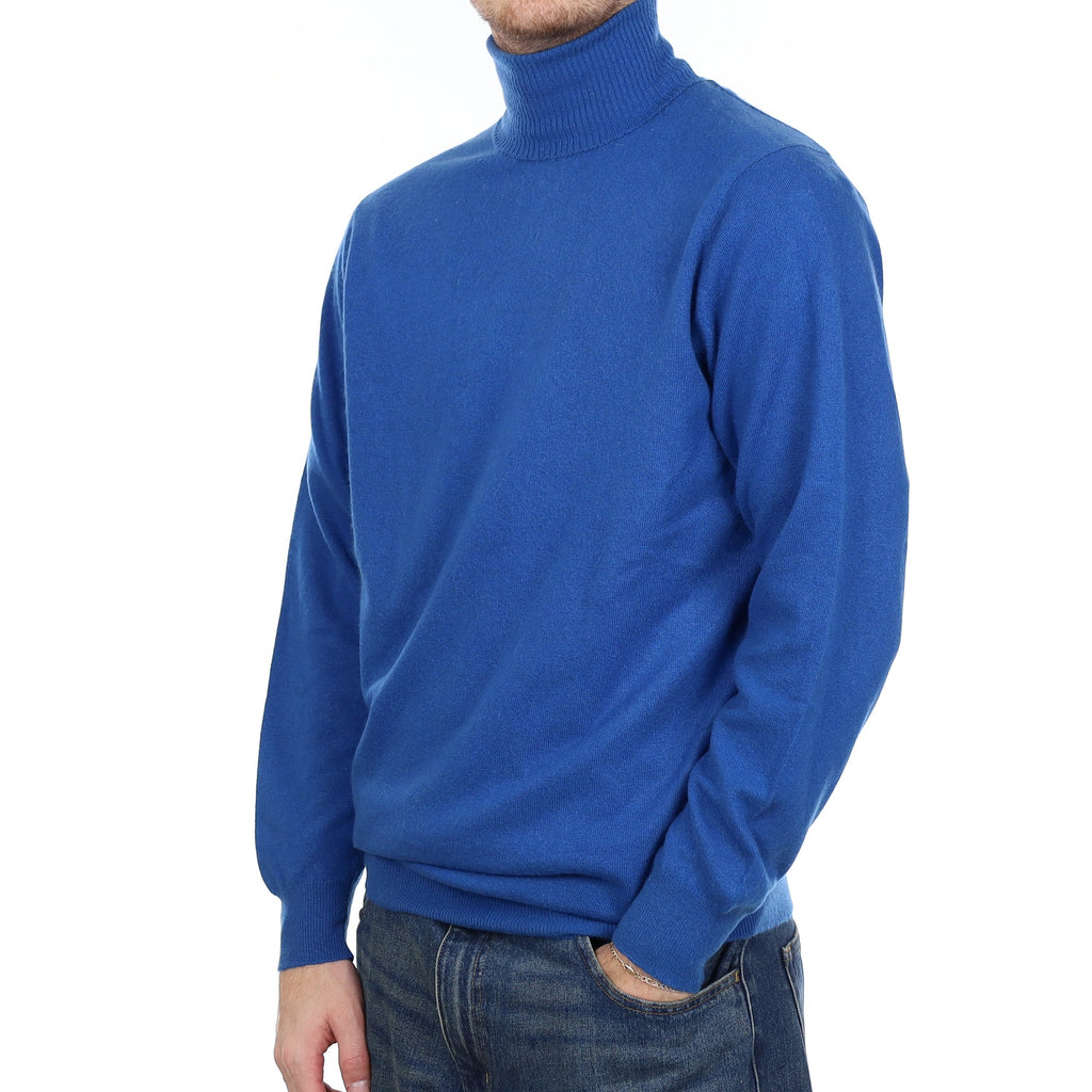 Men's Scottish Tanzanite Blue Cashmere Polo Neck Jumper Large Tall