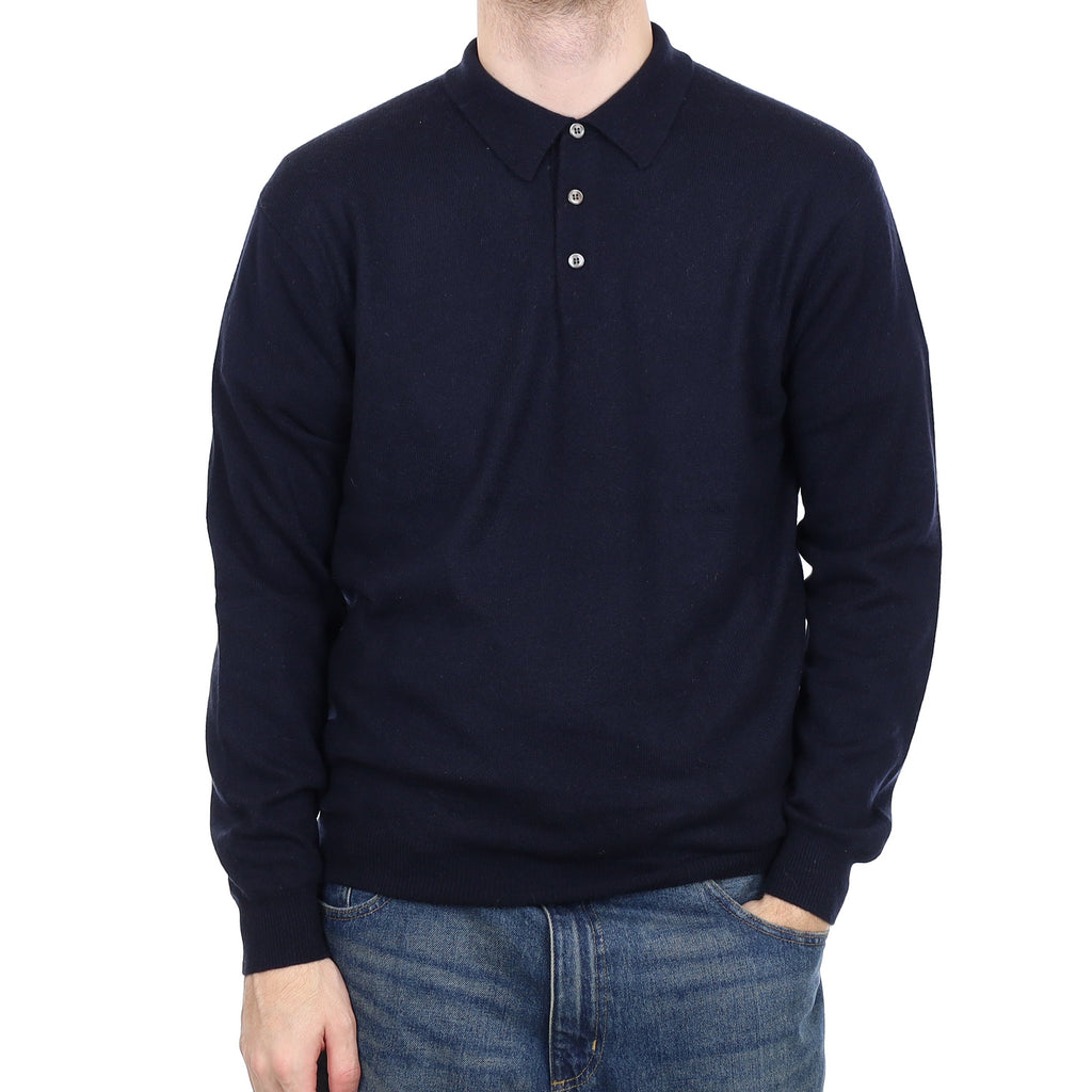 Men's Dark Navy Cashmere Collared 1/4 Button Jumper Large
