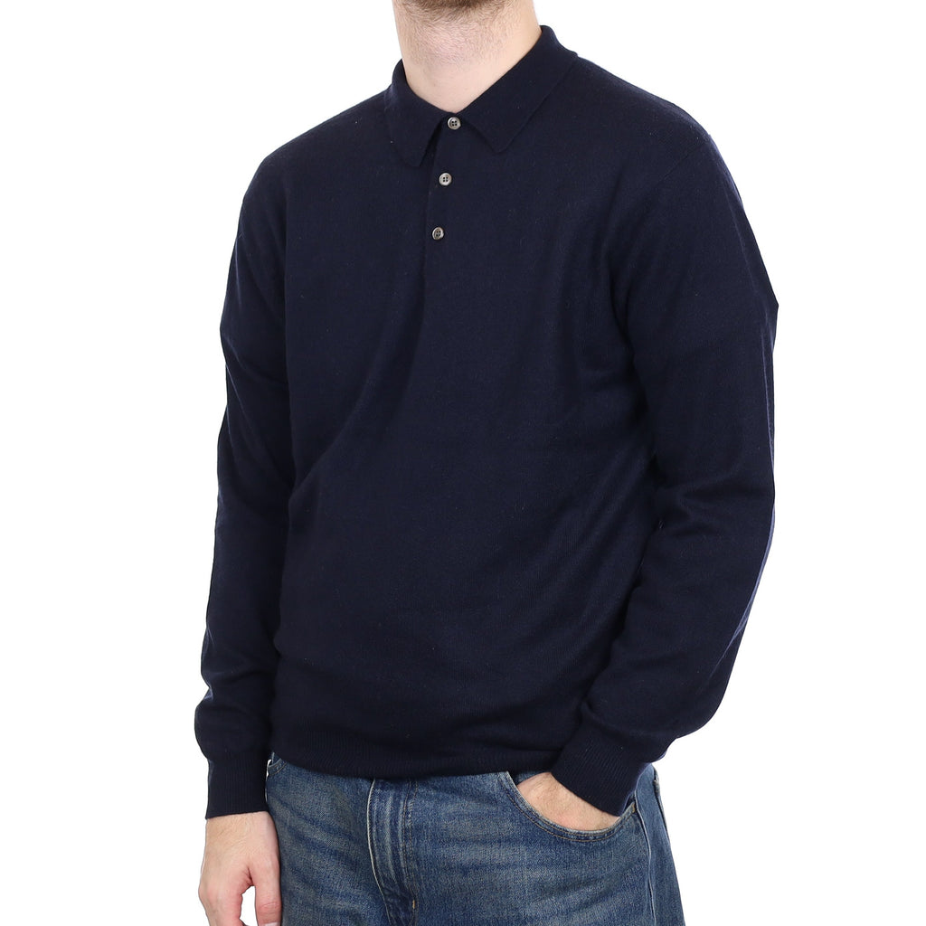 Men's Dark Navy Cashmere Collared 1/4 Button Jumper Large
