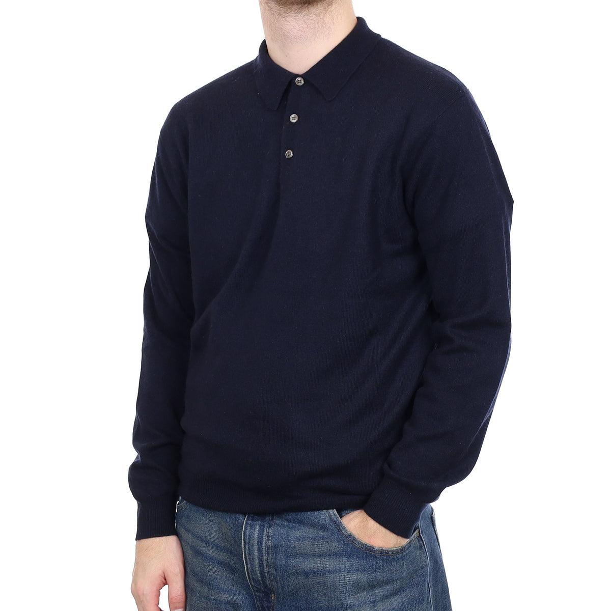 Men's Dark Navy Cashmere Collared 1/4 Button Jumper Large