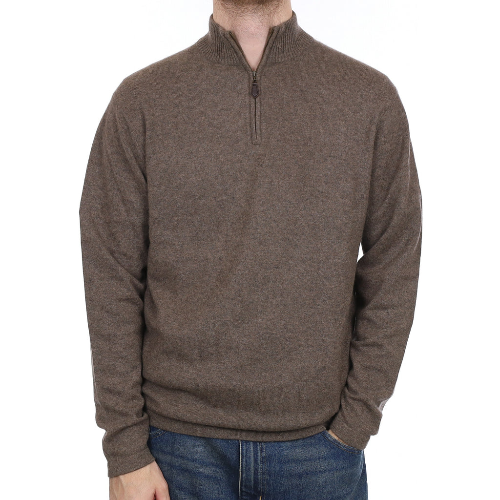 Men's Taupe Brown Cashmere 1/4 Zip Jumper Large