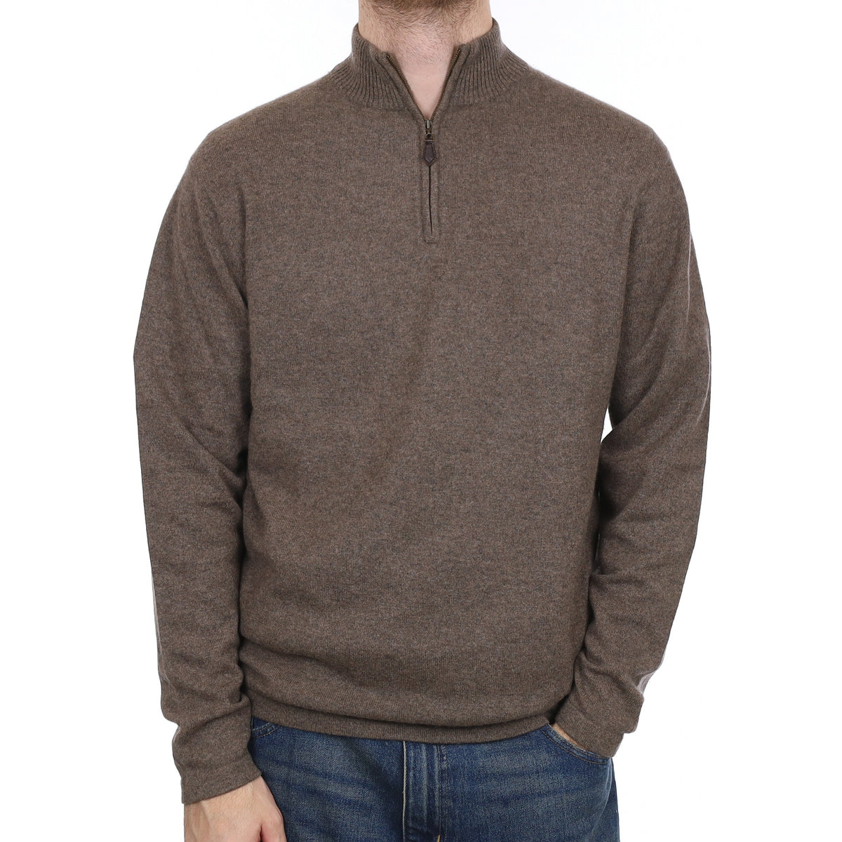 Men's Taupe Brown Cashmere 1/4 Zip Jumper Large