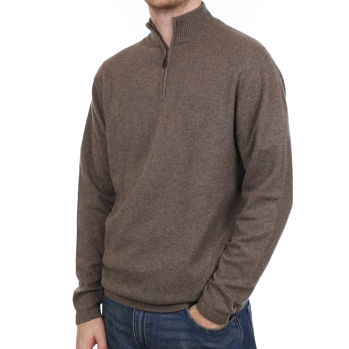 Men's Taupe Brown Cashmere 1/4 Zip Jumper Large