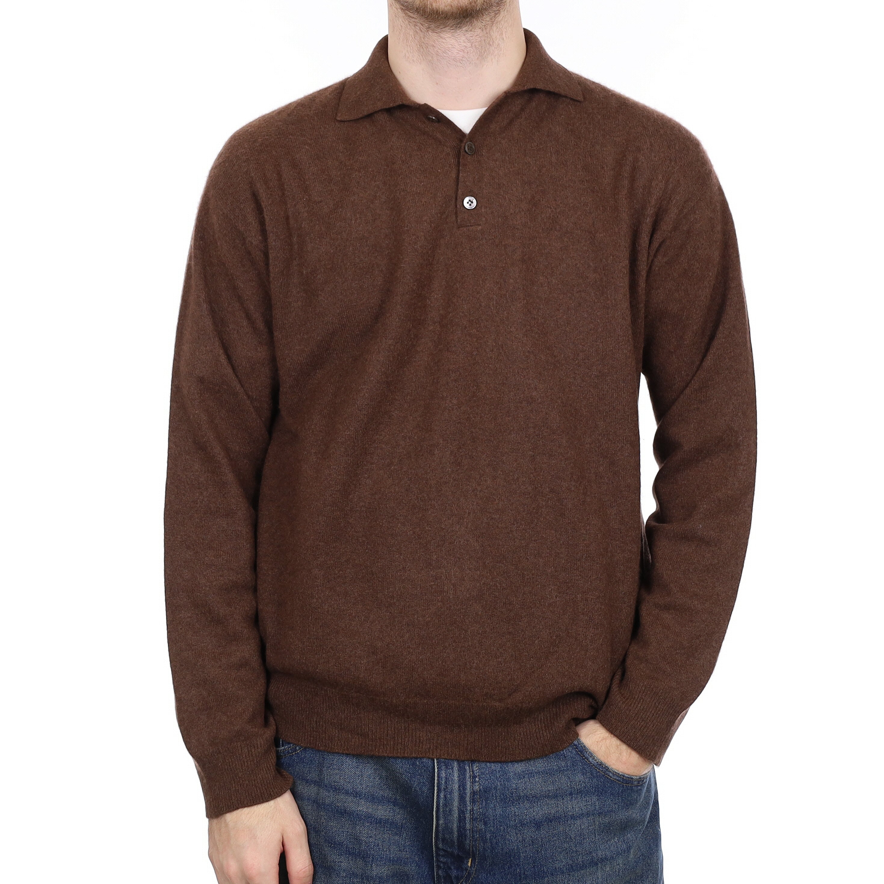 Men's Nutmeg Brown Cashmere Collared 1/4 Button Jumper Large