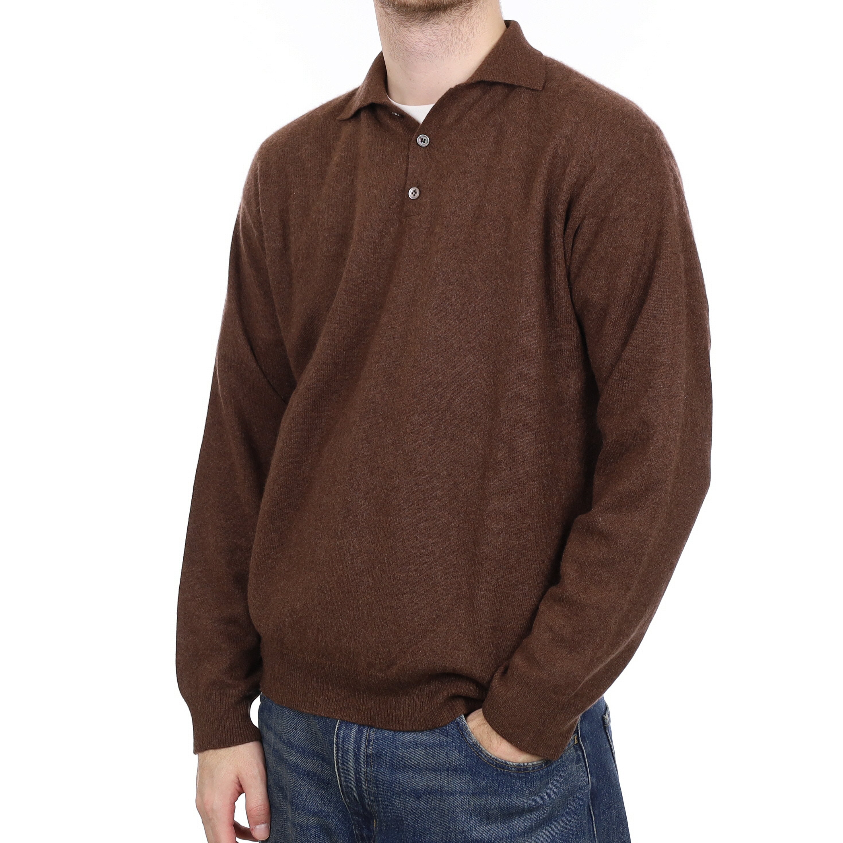 Men's Nutmeg Brown Cashmere Collared 1/4 Button Jumper Large