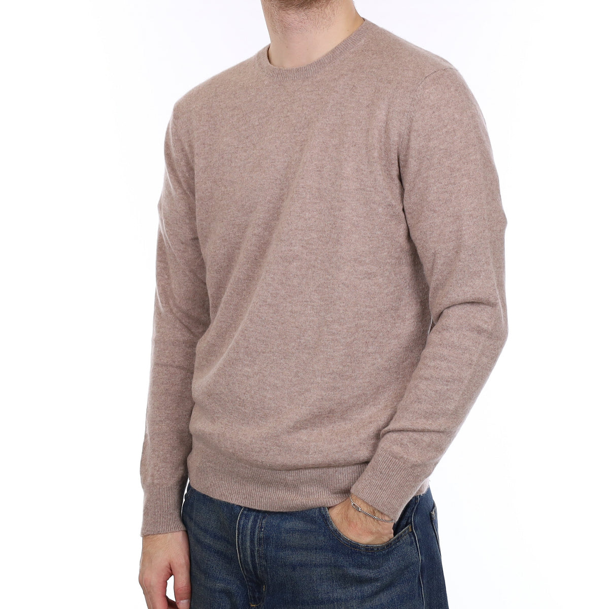 Men's Fawn Brown Cashmere Crew Neck Jumper Large