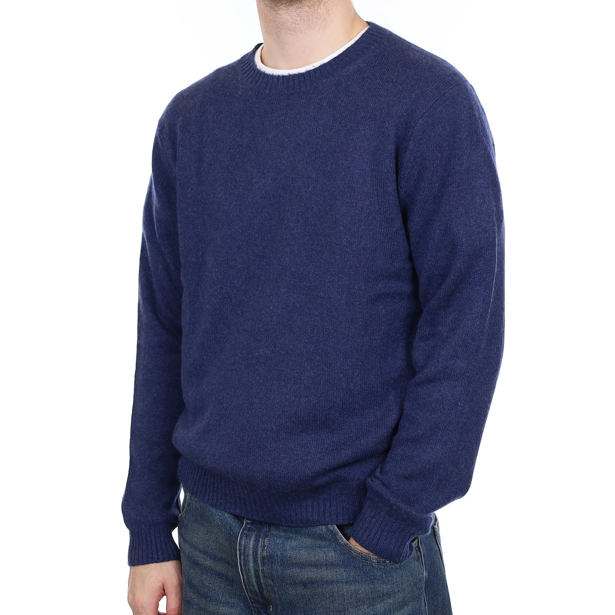 Men's Deep Denim Heavy Knit Cashmere Crew Neck Jumper Large