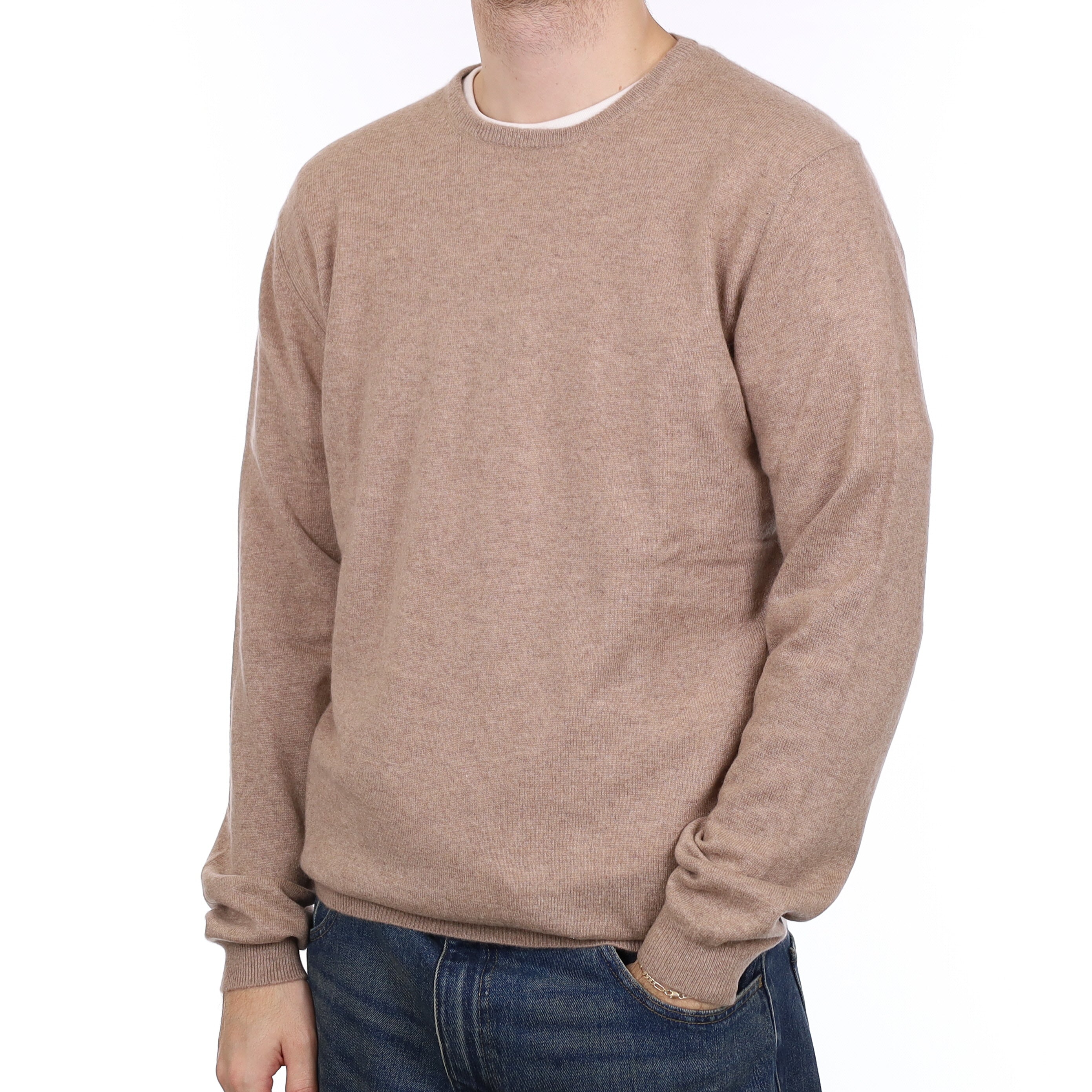 Men's Biscuit Brown Cashmere Crew Neck Jumper Large