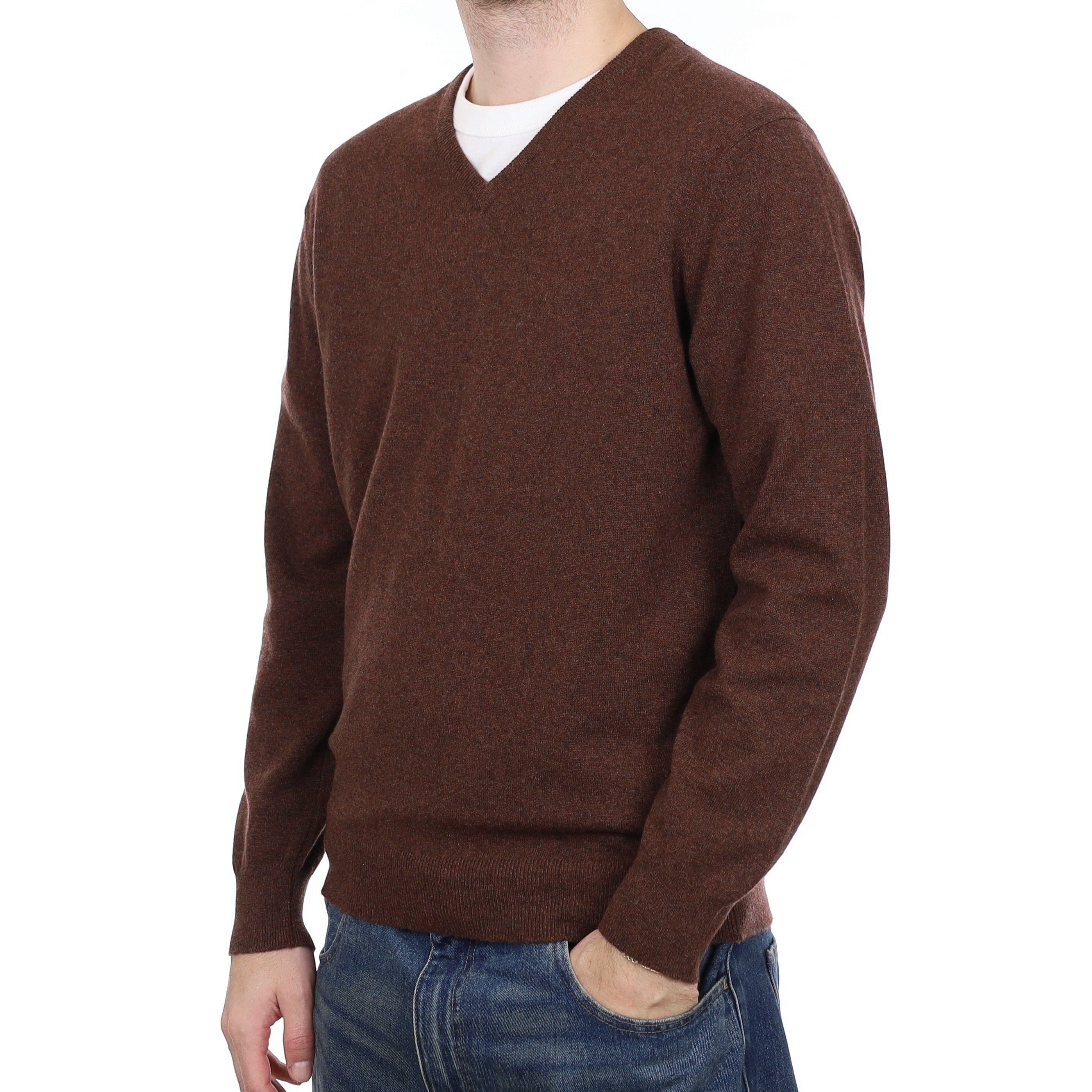 Men's Brand New Scott & Charters Russet Brown Cashmere V Neck Jumper Large