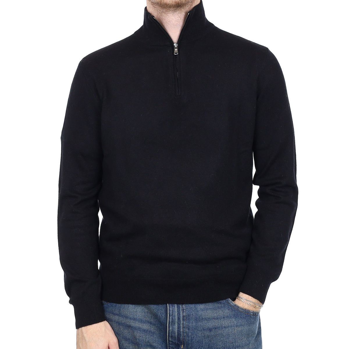 Men's Black Cashmere 1/4 Zip Jumper Medium