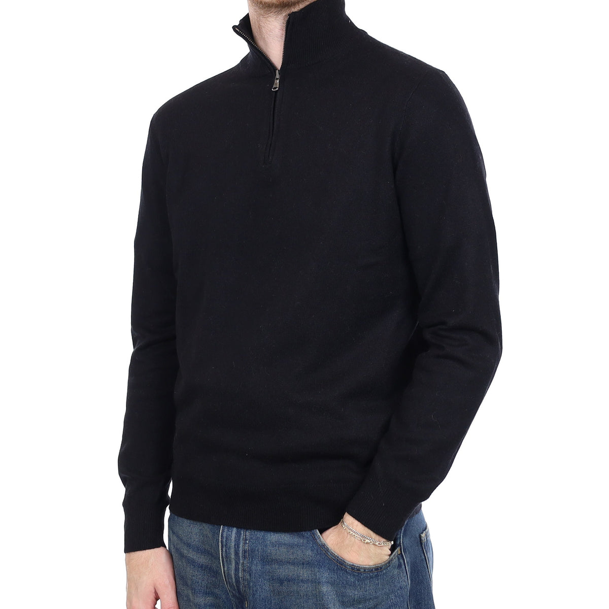 Men's Black Cashmere 1/4 Zip Jumper Medium