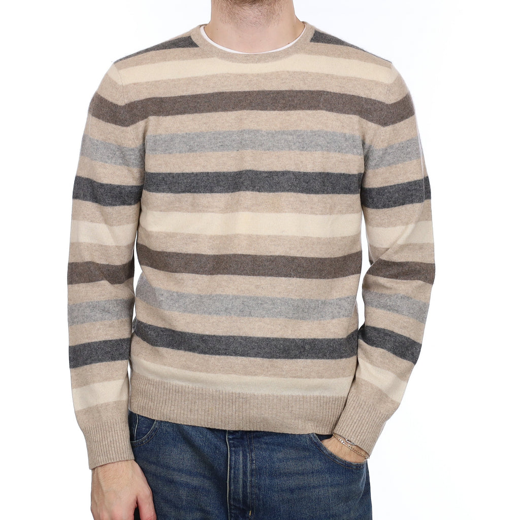 Men's Neutral Striped Cashmere Crew Neck Jumper Medium