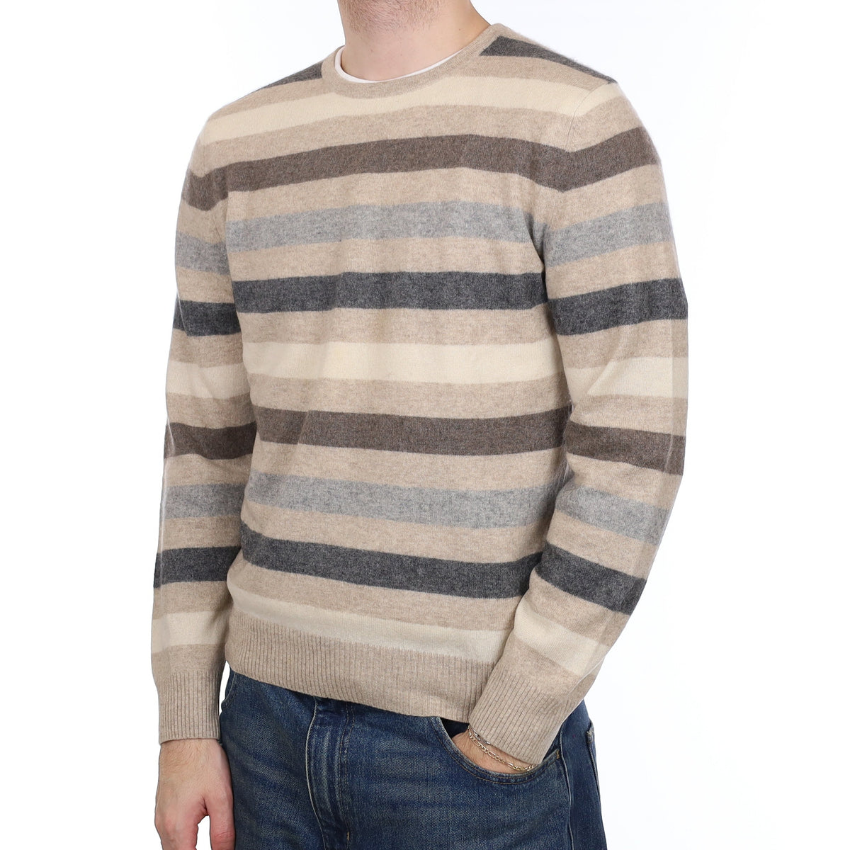 Men's Neutral Striped Cashmere Crew Neck Jumper Medium