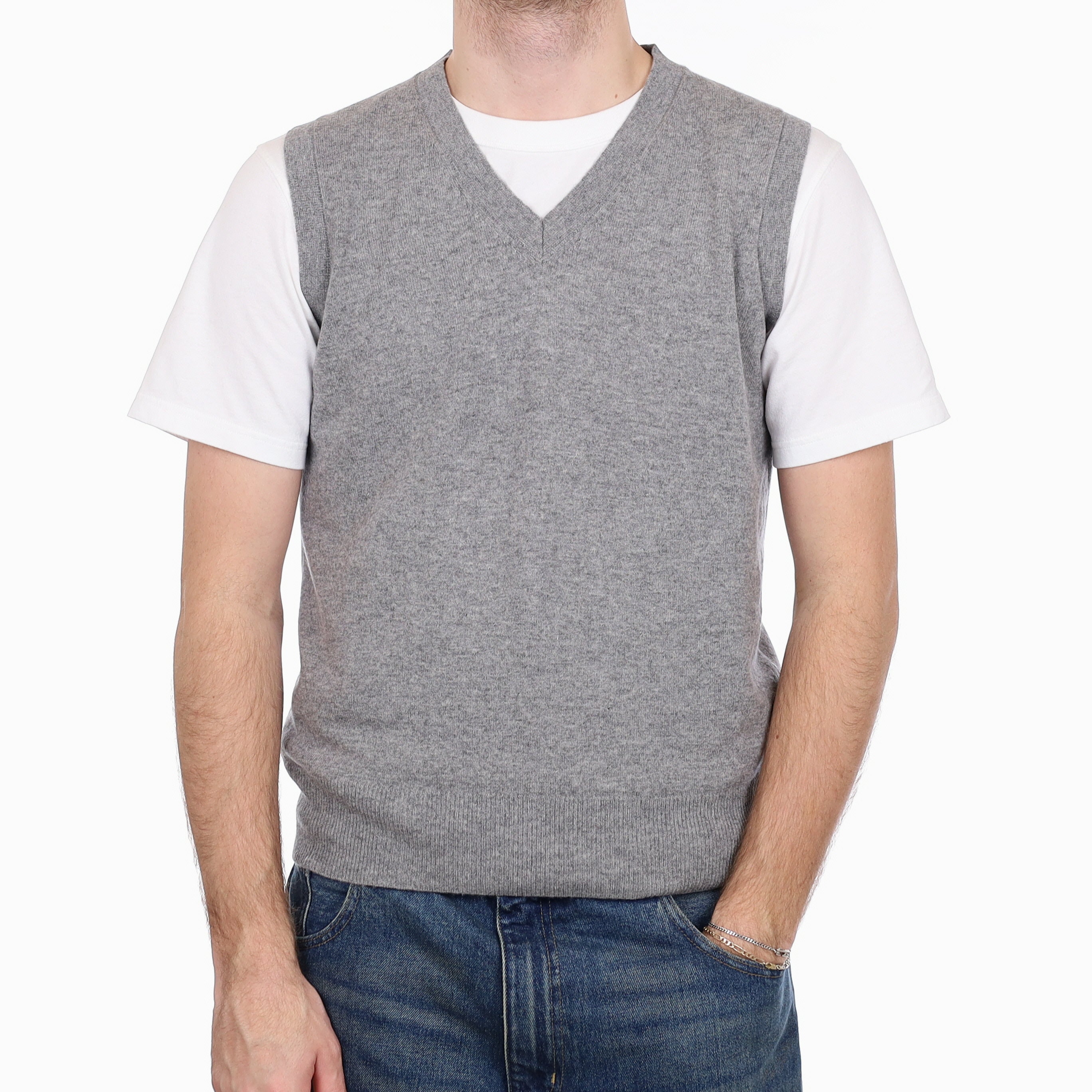Men's Smoke Grey Cashmere V Neck Tank Top Medium