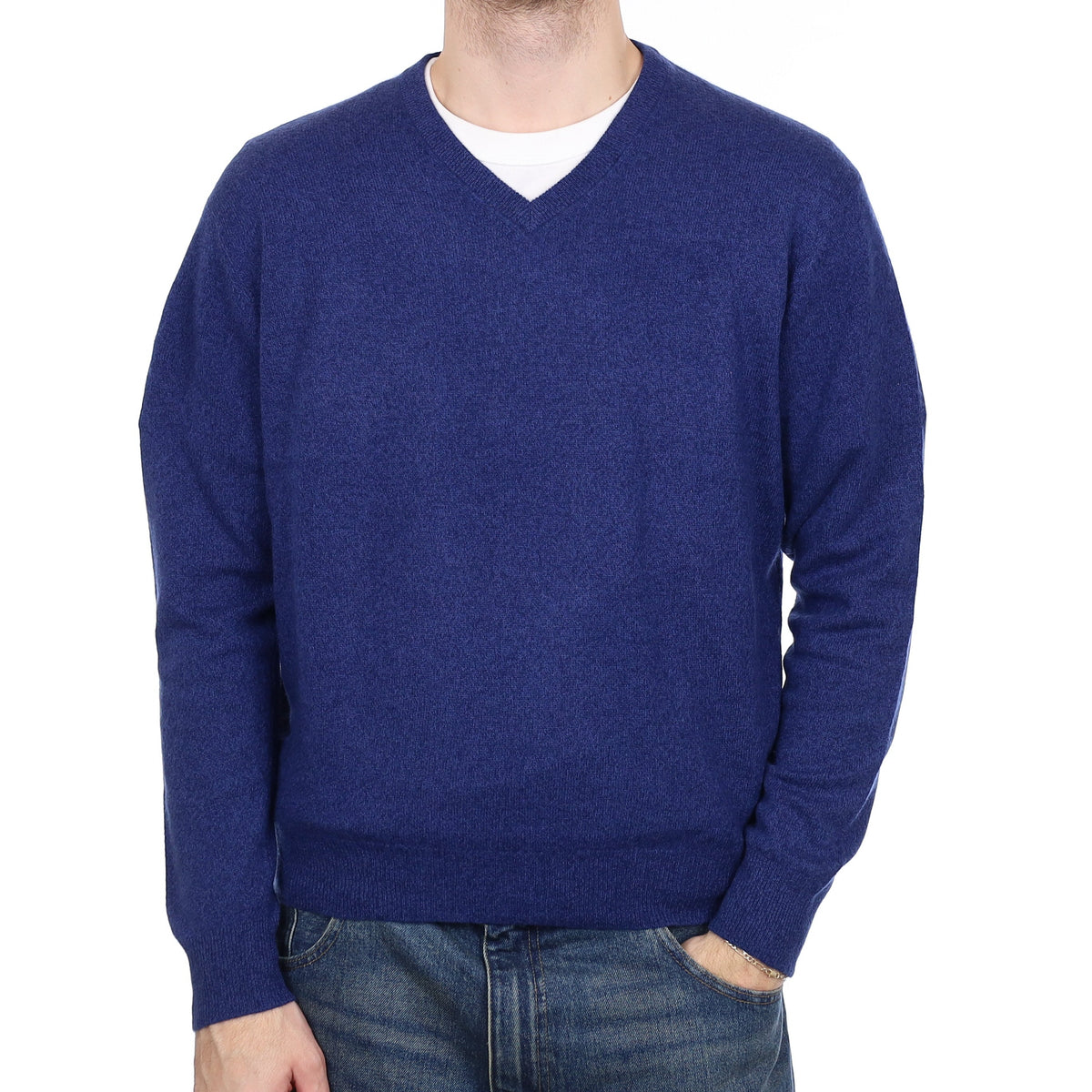 Men's Naval Blue Marl Cashmere V Neck Jumper Medium