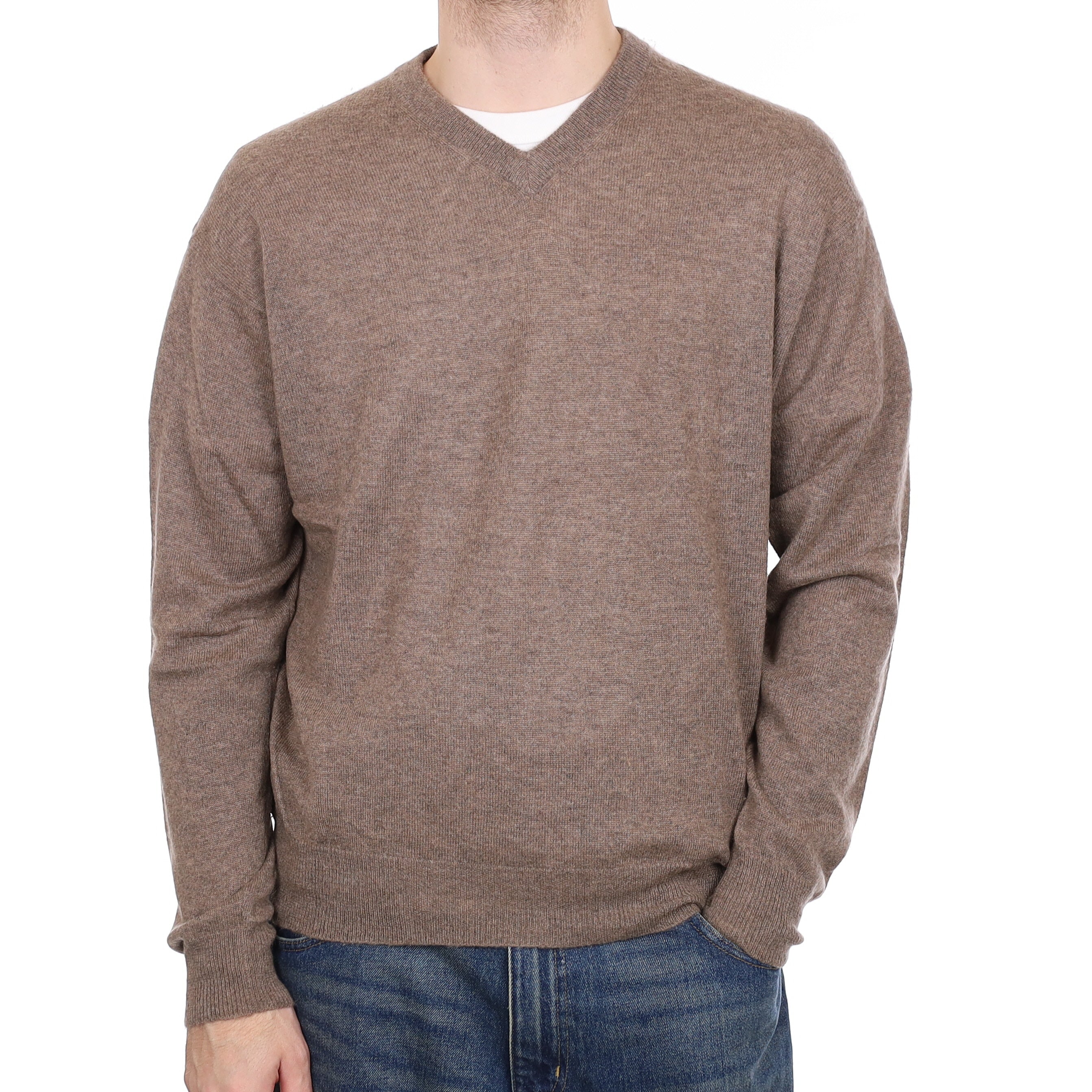 Men's Taupe Brown Cashmere V Neck Jumper Medium